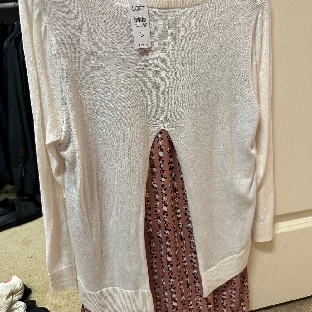 Loft white sweater with blouse underlay at bottom